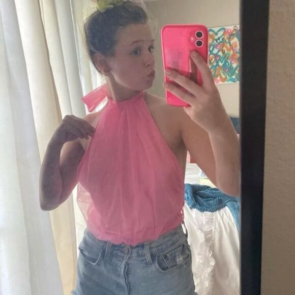 Barbiecore Ballet Pink Mock Neck Bow Tie Backless Mesh Sleeveless Bodysuit - Picture 13 of 13